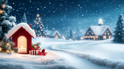 Cozy winter scene with a festive doghouse and snow-covered landscape