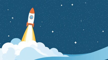 Rocket launching into a starry blue space, representing innovation, exploration, and limitless potential in a cosmic setting.