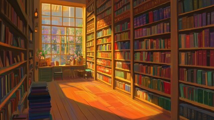 Rows of vibrant books in a cozy, warmly lit library, creating an inviting scene for reading and exploration.