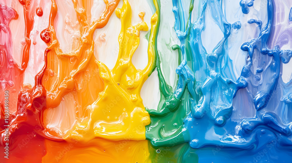 Poster vibrant acrylic swirls in water, a mesmerizing display of multicolored drips creating dynamic patter