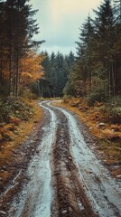 A winding dirt road through a forest, wet from recent rain.
