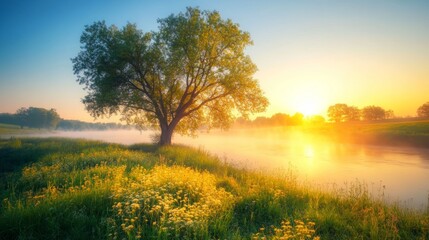 A serene sunrise over a misty river, framed by a solitary tree and blooming flowers.