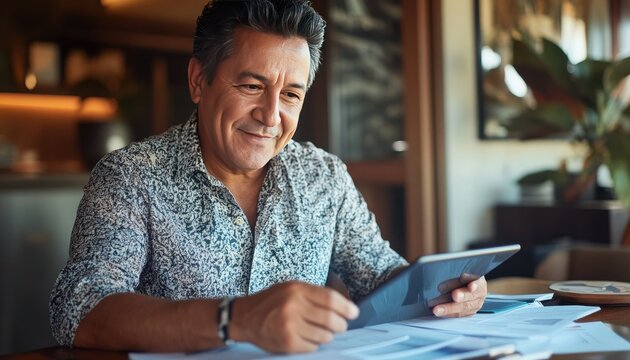 Middle-aged Man Uses Tablet in Home Office