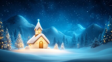 Fototapeta premium Serene winter landscape with a cozy church under starry sky
