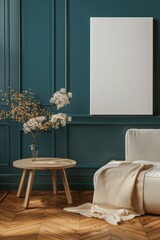 Scandinavian interior design of modern living room. Sofa against navy blue wall with blank mock up poster