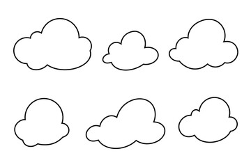 A set of clouds hand-drawn with a black outline isolated on a white background, vector. Cloud element for design with text, decoration, design. Illustration of a sketch of an empty cumulus cloud 