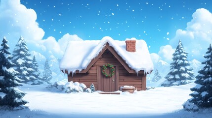 Cozy winter cabin surrounded by snow-covered trees
