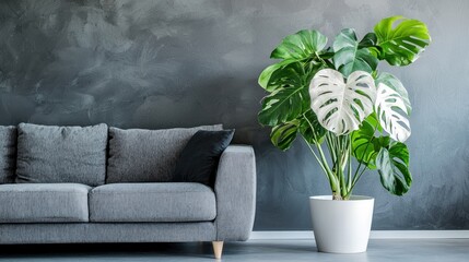 A rare monstera albo plant with stunning white variegation in a sleek, modern living space 