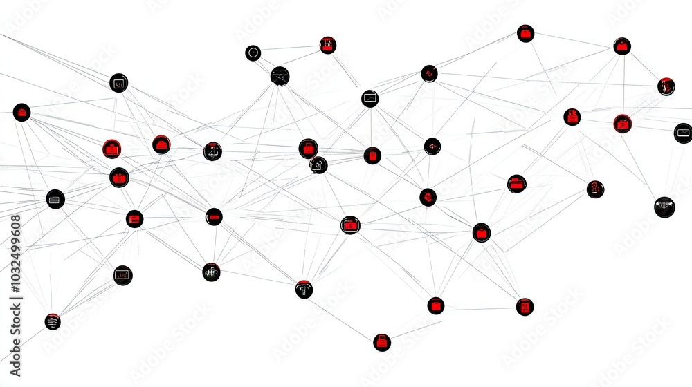Poster a network diagram illustrating system integration, with arrows and lines connecting multiple platfor