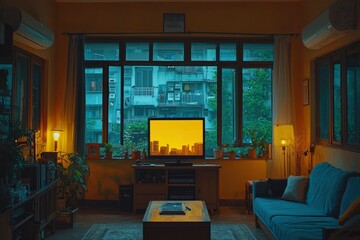 Fototapeta premium Evening Interior with TV Showing City Skyline and View of Buildings Outside Window