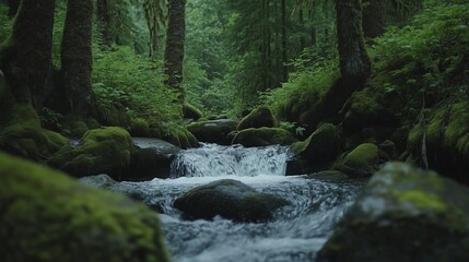 A small, rushing stream flows through a lush, mossy forest.