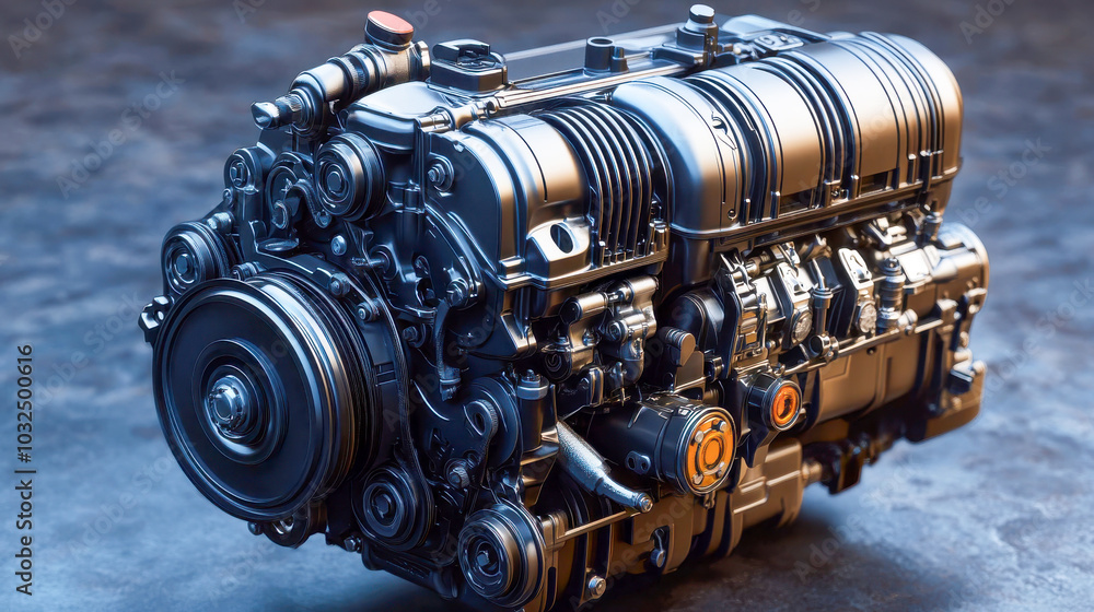 Poster detailed view of a modern car engine with yellow and black elements, emphasizing precision and autom