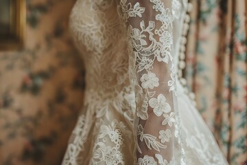Obraz premium Elegant Lace Wedding Dress Detail Captured in Soft Lighting