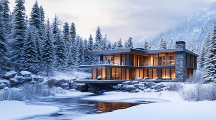 Modern Luxury Cabin in Snowy Forest Landscape