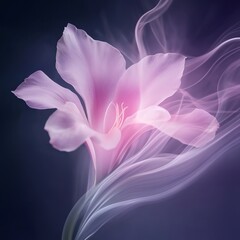 A mesmerizing flower blooms against a midnight purple backdrop with soft pink mist swirling around it