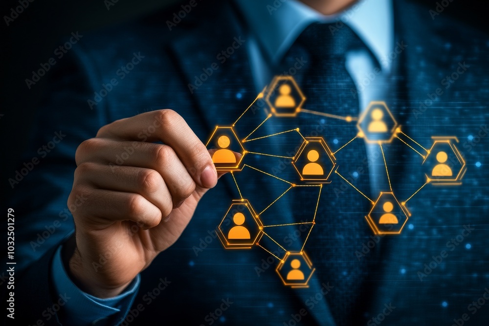Poster businessperson touching a glowing network of icons symbolizing human connections teamwork and global