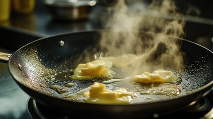 A frying pan with butter melting and sizzling, setting the stage for a delicious meal to be prepared.