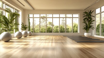 Obraz premium Spacious yoga studio with wooden floor, large windows, and green plants.