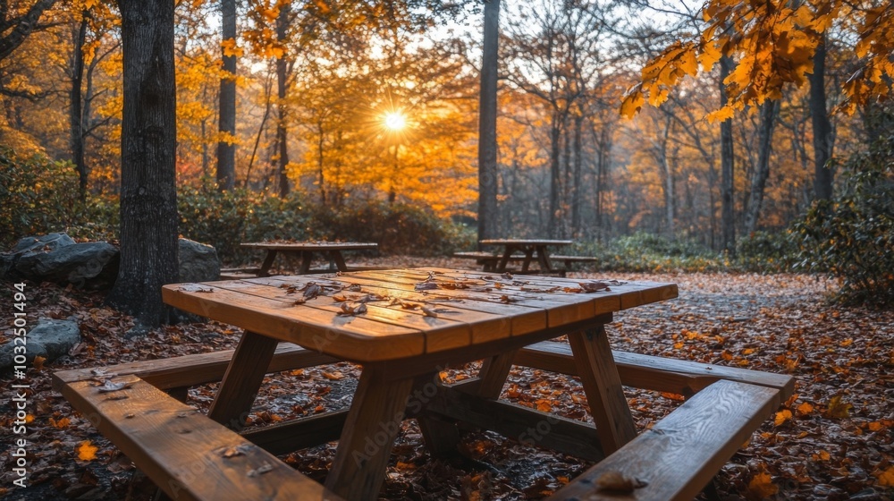 Poster Golden sunlight filters through trees, casting a warm glow on a rustic picnic table surrounded by vibrant autumn leaves. The tranquility of the forest enhances the peaceful atmosphere.