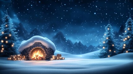 Fototapeta premium Cozy winter scene with a fireplace in a snowy landscape