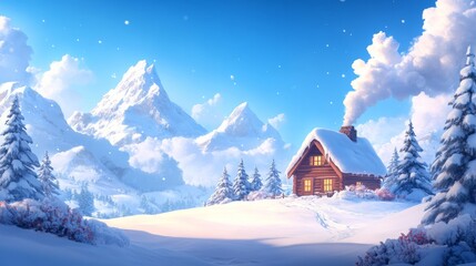 Fototapeta premium Cozy winter cabin in a snowy mountain landscape