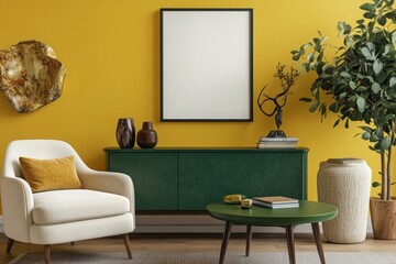 Creative living room interior with mock up poster frame, yellow wall, stylish armchair, green coffee table, beige sofa, stylish sideboard, sculpture and personal accessories. Home decor, Generative AI
