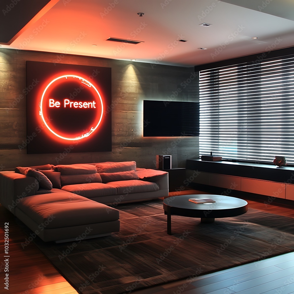 Canvas Prints Modern living room interior with neon sign and a sofa.