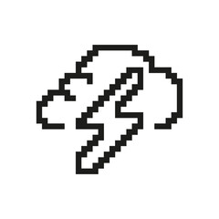 Storm Cloud with Lightning Icon In Pixel Art. Pixelated Thunderstorm Weather Symbol. Stormy Conditions Sign. Isolated Vector Illustration
