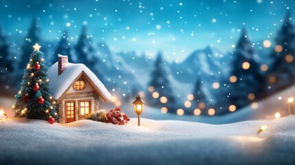 Cozy winter scene with a snow-covered cottage and Christmas tree