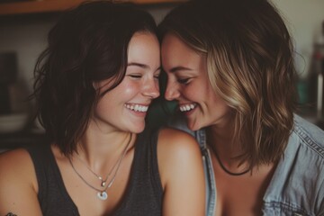 Queer couple laughing cheerfully in the kitchen, Generative AI