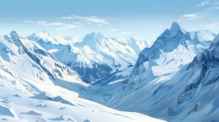 Obraz premium Panoramic view down snow covered valley in alpine mountain range