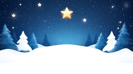 Naklejka premium Winter night scene with snow-covered trees and glowing star