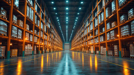 Fototapeta premium An expansive, well-lit warehouse with symmetrical industrial design and polished floors, creating a futuristic ambiance