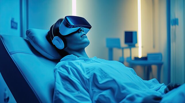 A patient undergoing mental health therapy with virtual reality, immersed in a calm, therapeutic environment.