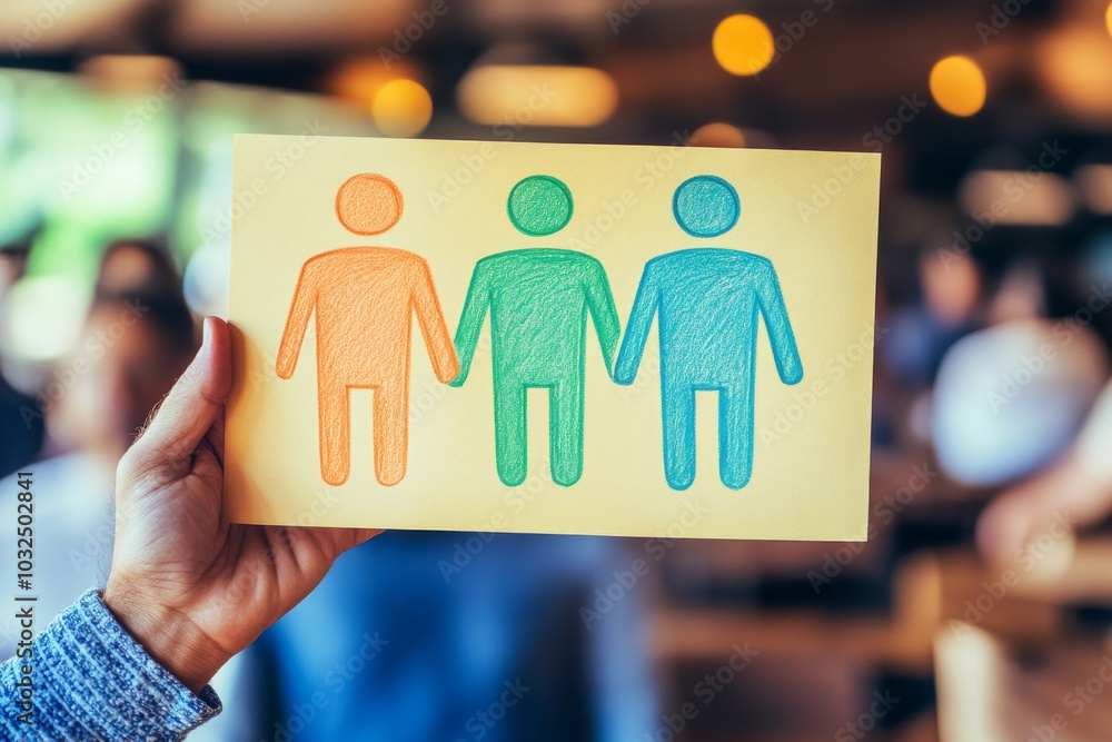 Poster hand holding a card with multicolored human symbols symbolizing diversity inclusion and equality wit