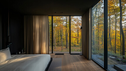 Serene bedroom with minimalist decor and floor-to-ceiling windows