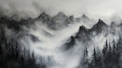A monochromatic landscape depicting mountains and foggy forests, evoking tranquility.