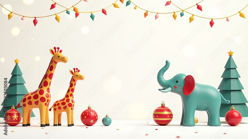 Poster a giraffe and an elephant are standing in front of a christmas tree. the giraffe is wearing a hat an