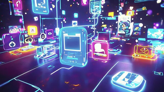 Abstract digital neon glowing app icons floating in a network.