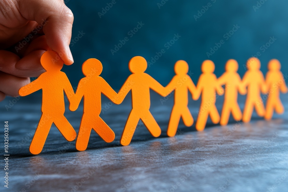 Poster hand arranging orange paper cutout human figures in a line symbolizing teamwork organization and soc