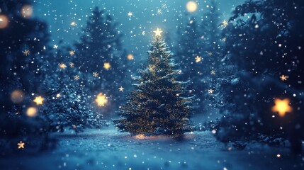 Naklejka premium Blue-themed Christmas tree scene, falling snowflakes and swirling stars, whimsical winter wonderland atmosphere