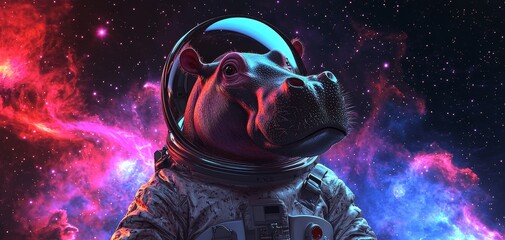 Baby hippo in a spacesuit, sarcastic smirk, floating in a colorful nebula, 3D illustration with vibrant galaxies