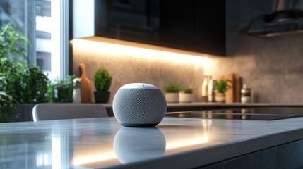 A smart home hub on a kitchen counter, controlling lights, music, and security with one voice command.