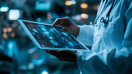 Healthcare professional using a digital tablet to analyze patient data in a modern medical facility at night