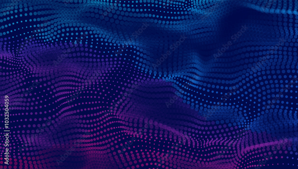 Poster futuristic digital wave pattern with vibrant gradient dots and flowing motion, ideal for tech and da