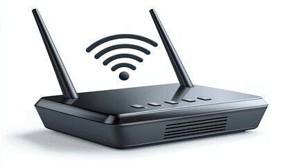 Black wireless router with antennas and a WiFi signal icon 