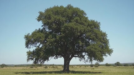 A single large tree standing tall in the middle of a green meadow, surrounded by fresh spring grass and bright blue skies, symbolizing new beginnings.