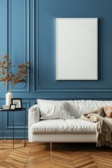 Scandinavian interior design of modern living room. Sofa against navy blue wall with blank mock up poster