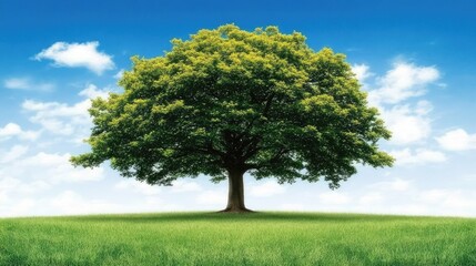 Fototapeta premium A single, towering tree in a vast spring meadow, with green grass and the clear blue sky stretching endlessly in the background.