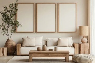 Fototapeta premium Serene minimalist living room design featuring natural elements, soft textures, and earthy tones in a cozy urban apartment
